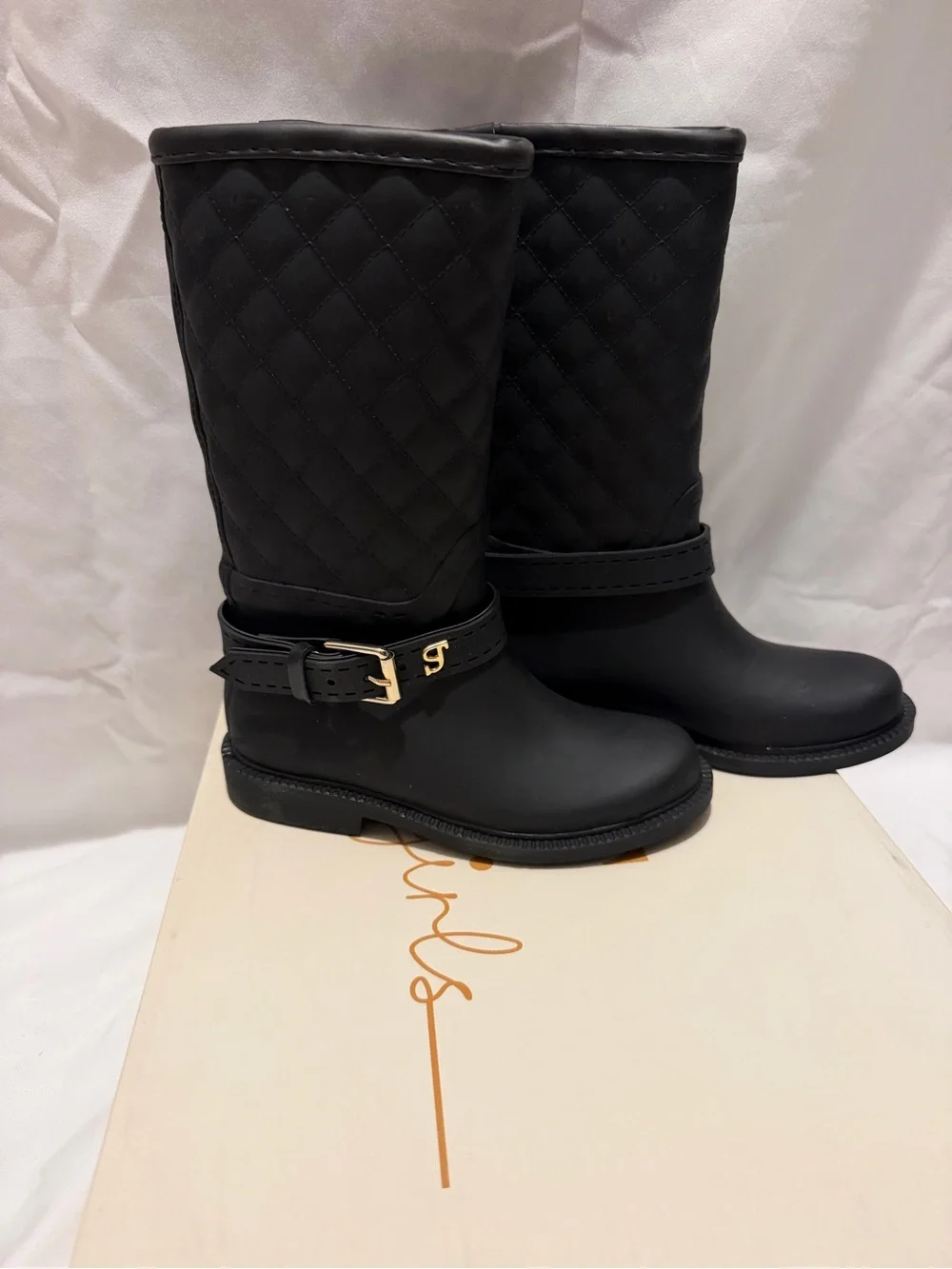 Girls Black Quilted Rain Boots Size 10 Toddler Buckle - Supertrash